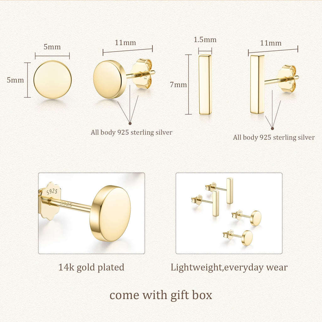 JIAYIQI 2 Pairs 14K Gold Plated Stud Earrings for Women, Minimalist 925 Sterling Silver, Hypoallergenic Small Bar and Dot Ear Studs for Multiple Piercings Jewelry