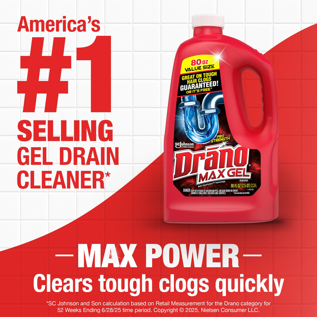 Drano Max Gel Drain Clog Remover & Cleaner, Fast-Acting to Unclog Standing Water & Remove Hair, Grease & Food Blockages, Safe for all Pipes & Septic, Kitchen Sinks, Bathroom Showers, 80 Oz, 2 Pack