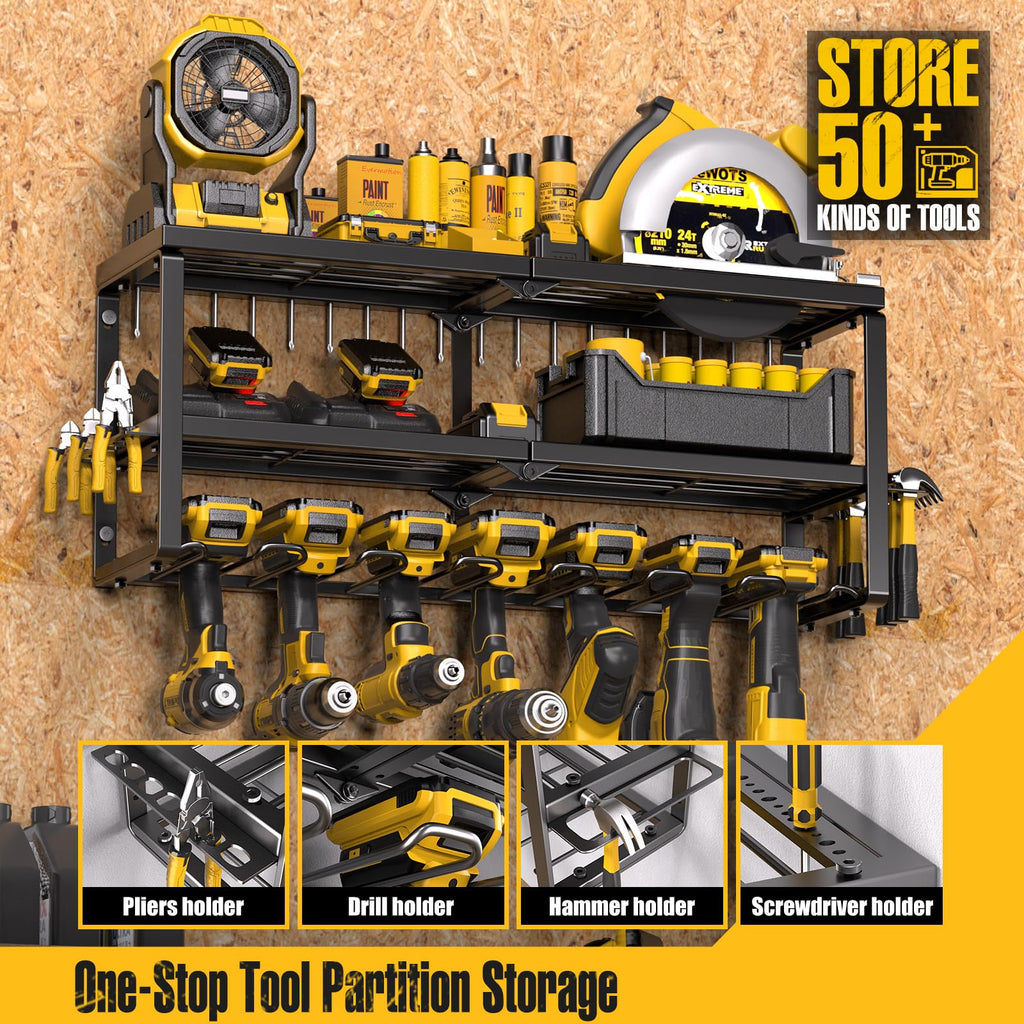Spampur Power Tool Organizer for Tool Storage, Drill Holder Wall Mount with Screwdriver Organizer, Tool Holder for Garage Wall Organization, Heavy Duty Metal Tool Shelf with Battery Holder
