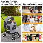 BLKMTY Dog Stroller 3-in-1 Folding Pet Strollers Cat 4 Wheels w/Storage Basket Dog Carrier Trolley One-Button Switch Travel Stroller with Safety Belt Detachable Carrier, Grey