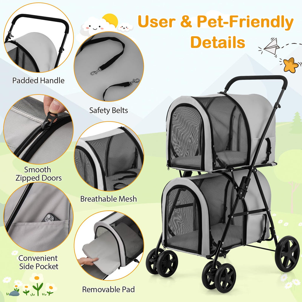 Giantex Double Pet Stroller with 2 Detachable Carrier Bags, Safety Belt, 4 Lockable Wheels, Folding Cat & Dog Stroller for Small Medium Pets, Cats Dogs Puppy Travel Strolling Cart (Gray)