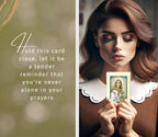 St Dymphna Bracelet - Saint Dymphna Prayer Card, The Lord's Prayer Card - Stretchable Round Saint Dymphna Bracelet with Purple and Amethyst Beads - St.Dymphna Bracelet and Cards Set of 3 Items