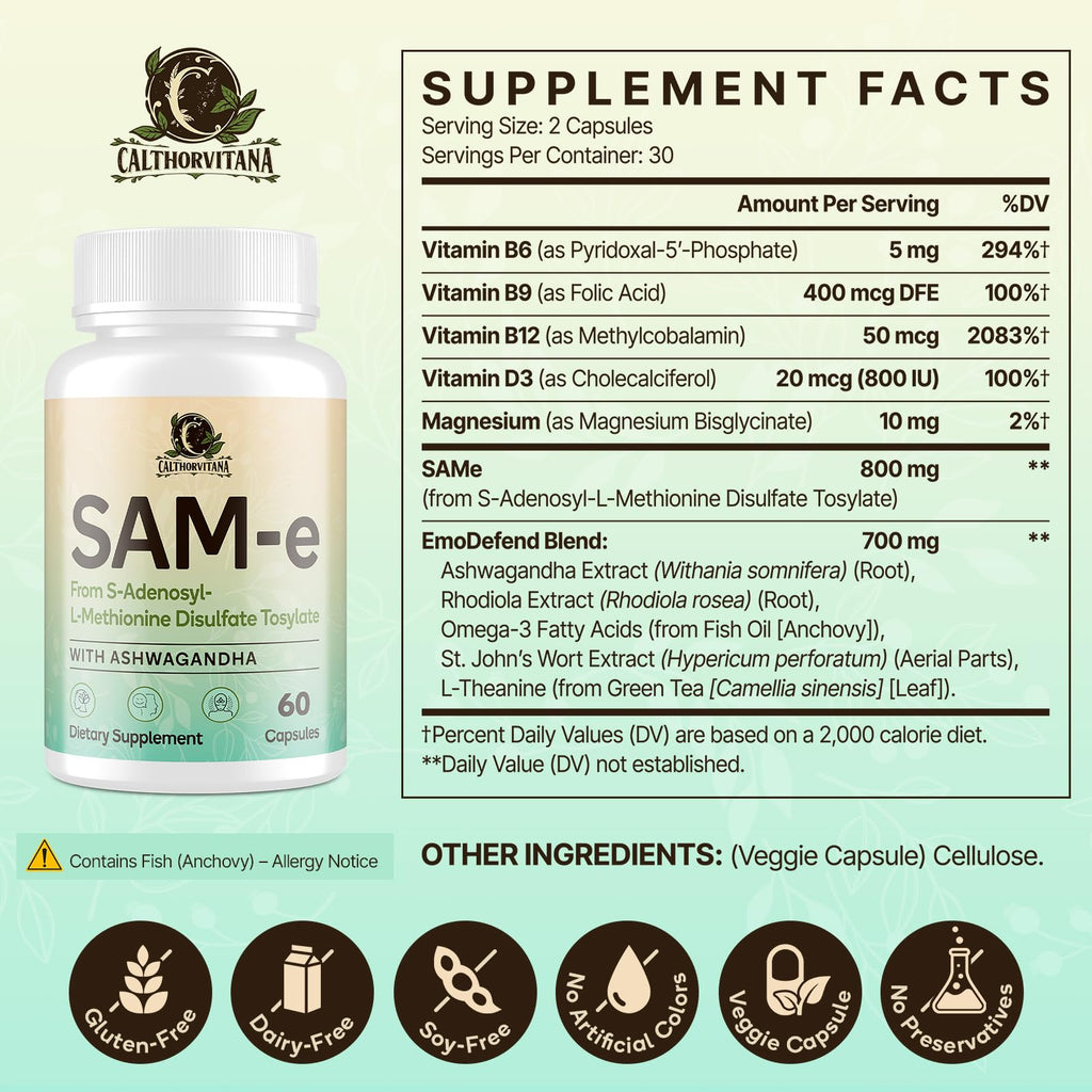 SAM-e Supplement – Capsule Complex with Ashwagandha Extract, L-Theanine, Rhodiola, St. John’s Wort, Omega-3 Fatty Acids, Magnesium, B Vitamins & D3, 60 Capsules