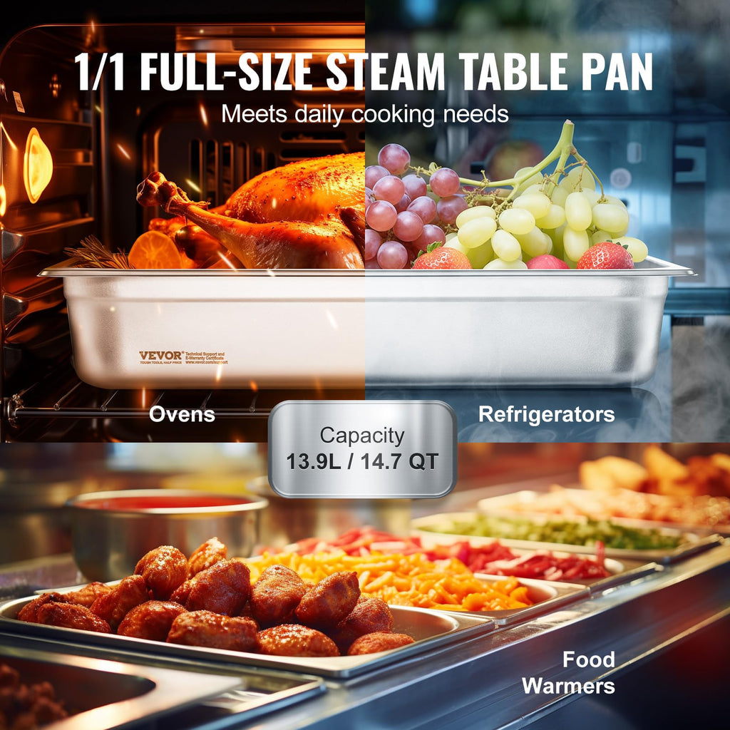VEVOR 6 Pack Stainless Steel Hotel Pans,Full Size 4 Inch Deep 0.8mm Thick Anti-Jam Commercial Food Pans for Steam Tables, Restaurants, Catering & Industrial Use