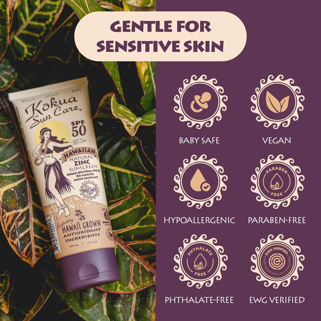 Kokua Sun Care Hawaiian Sunscreen Reef Safe SPF 50 | 3 oz | Zinc Oxide | Mineral Sunscreen | Face & Body | Moisturizing Sun Protection | Water Resistant | Chemical Free | Natural Ingredients