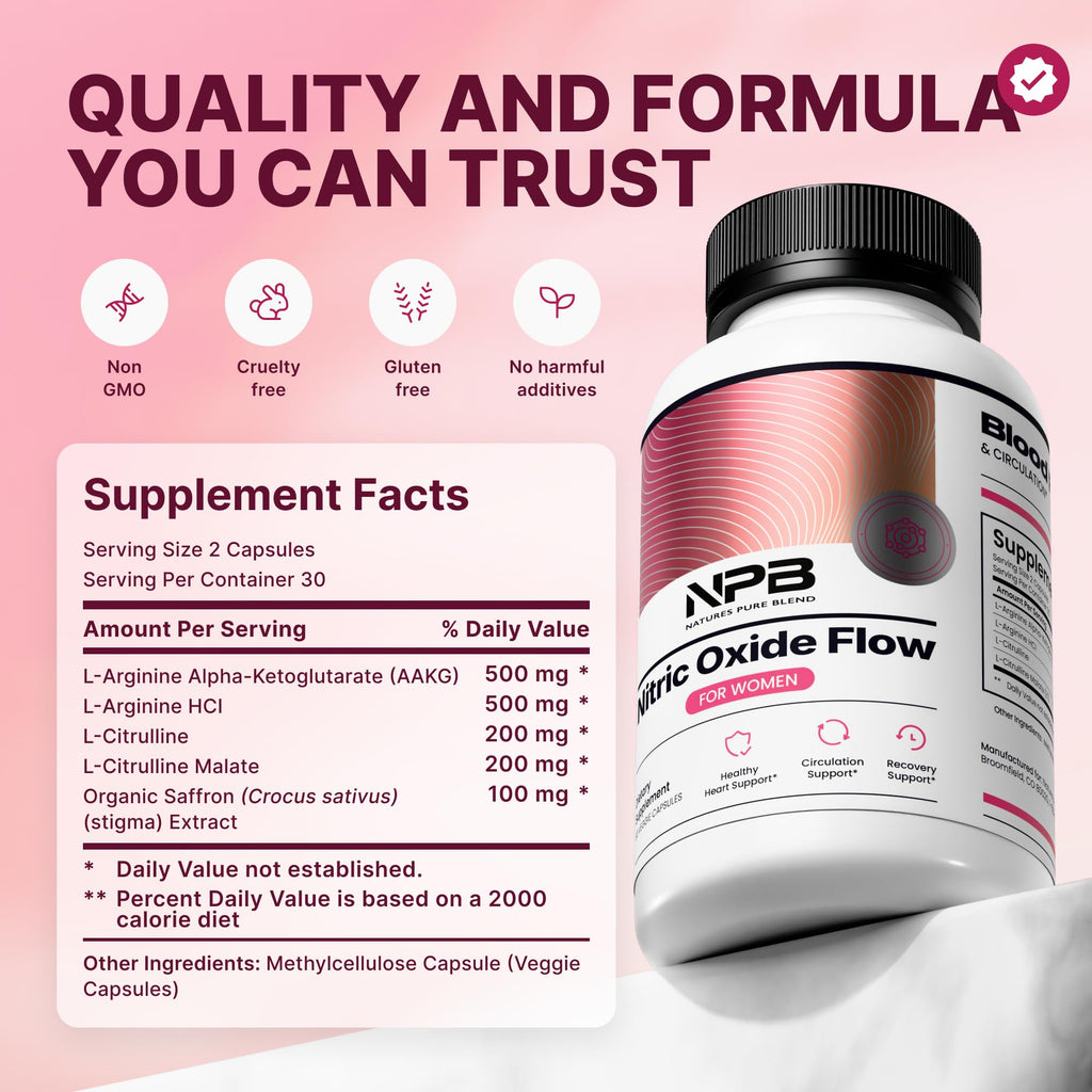 Nature's Pure Blend Nitric Oxide Supplements for Women – L-Arginine L-Citrulline – Heart Support & Flow Circulation Booster – 1500MG L Arginine and L Citrulline, Preworkout, Bodybuilding