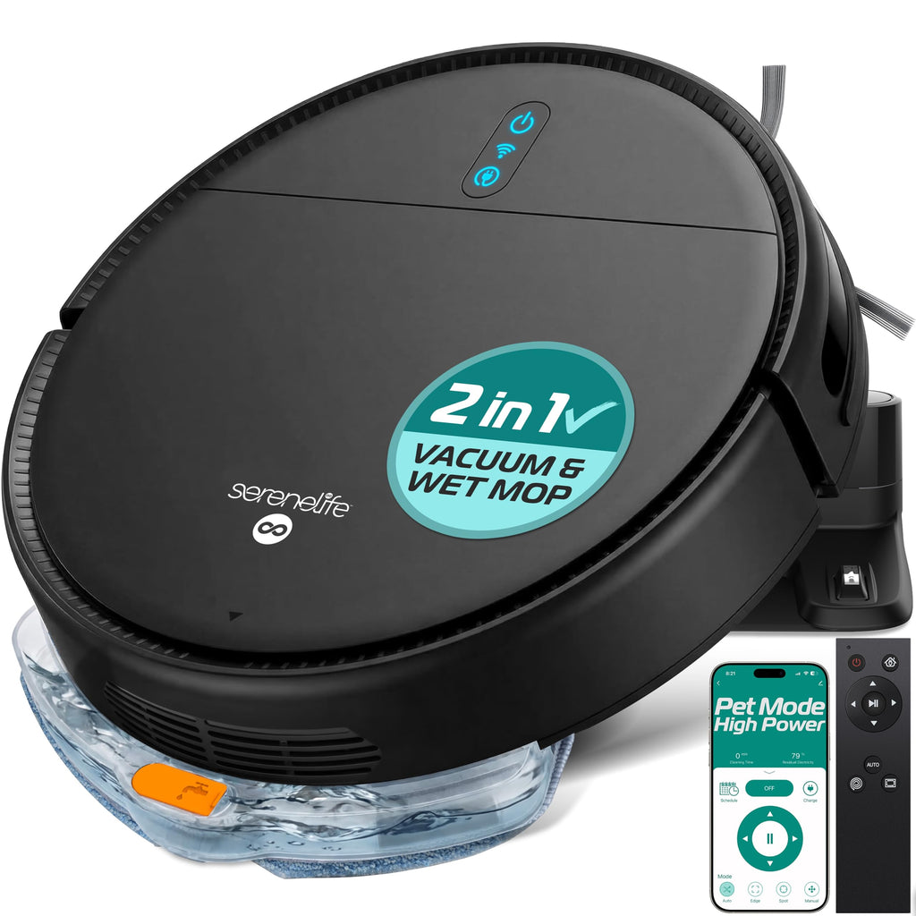 SereneLife Automatic Robot Vacuum Cleaner and Mop Combo, App Control, 3 Cleaning Modes, Smart Anti-Fall Sensors, Self-Charging, High Suction Ideal for Pet Hair, Carpet and Hard Floors, Black