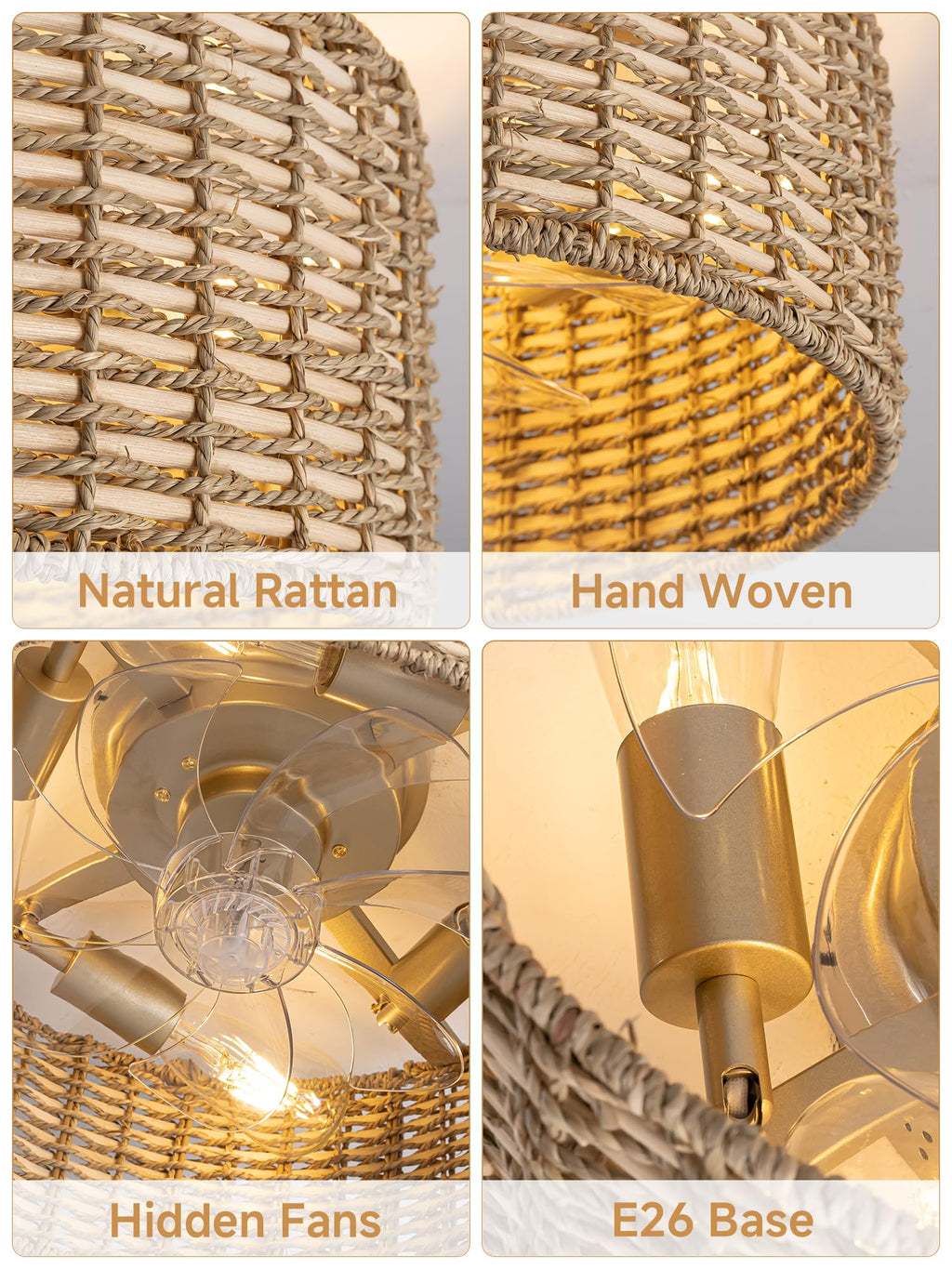 DARYEWO Handwoven Boho Rattan Ceiling Fan with Light,Flush Mount Caged Ceiling Fans with Lights and Remote Control,Low Profile Enclosed 6 Speeds Fandelier for Bedroom Living Dining Room,4-Light