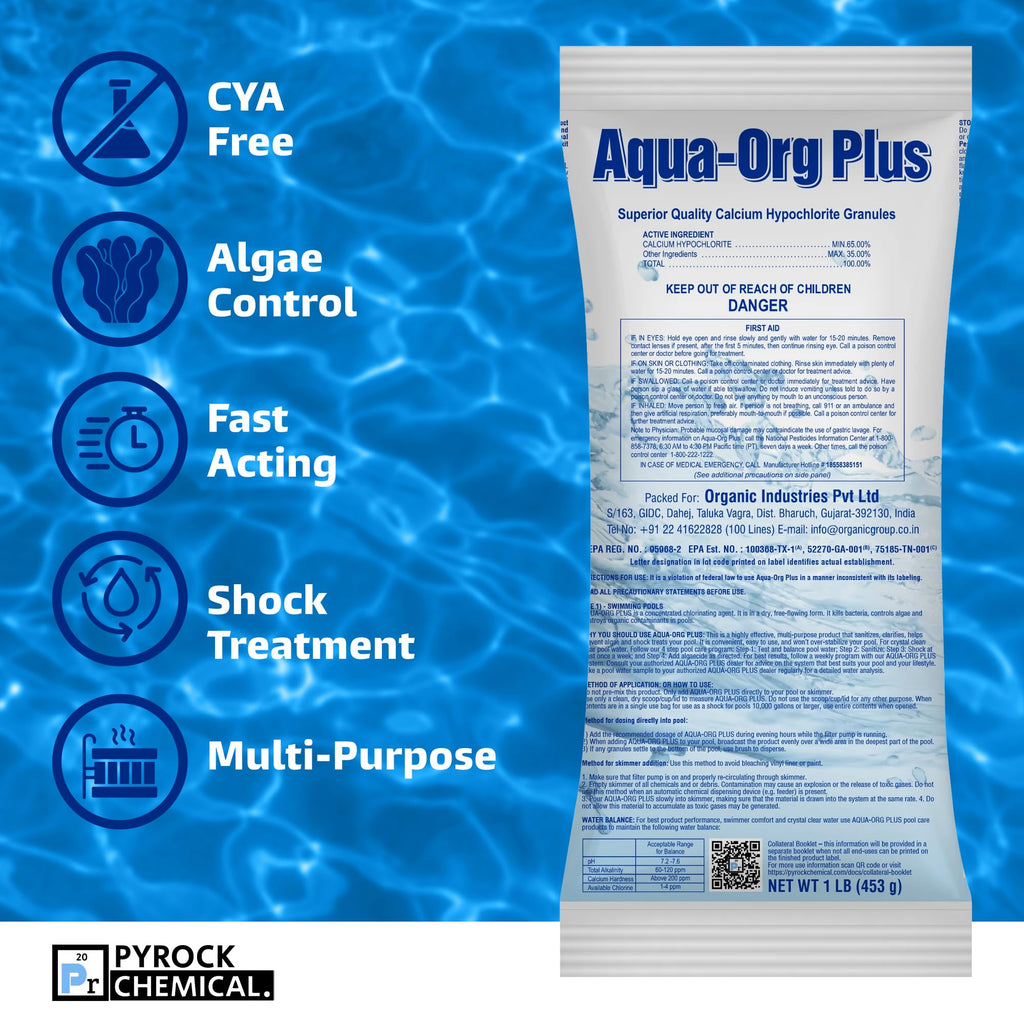 Pool Shock by Aqua Org Plus - 65% Granular Cal Hypo - Swimming Pool Shock for In-Ground, Above Ground, Spas & Hot Tubs - 24-Pack of 1 Pound Bags