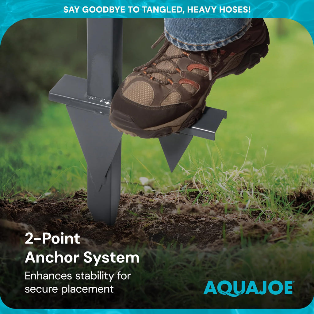 Aqua Joe Steel Garden Hose Stand with Brass Faucet and Quick-Install Anchor Base - Heavy-Duty Freestanding Holder for Outdoor Lawn, Yard & Garden Hose Storage, SJ-SHSBB-GRY