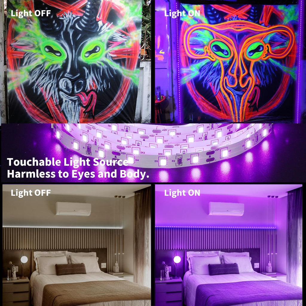PIZHLO 66 Foot Black Light Strips & Remote, Dimmable Flexible Blackights Strip Lights 1200 LEDs for Glow Party Body Paint Birthday Bedroom Room Fluorescent Tapestry Poster, Non-Waterproof