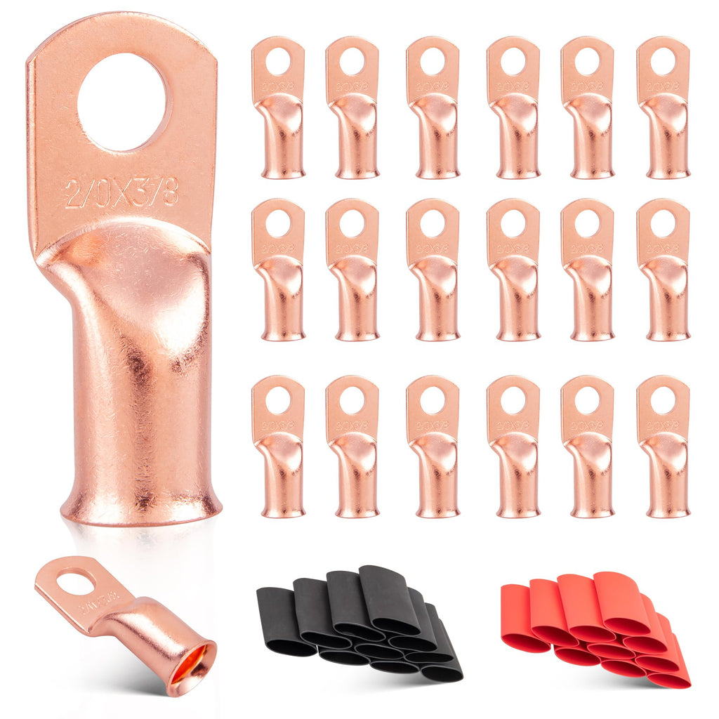 RED WOLF 2/0 AWG 3/8" Battery Cable Lug 20 PCS w/3:1 Heat Shrink Tubing for Wiring Insulation Black Red 20 PCS for Automotive Electrical 00 Gauge Wire Copper Lug Marine Grade M10 Ring Terminal Ends