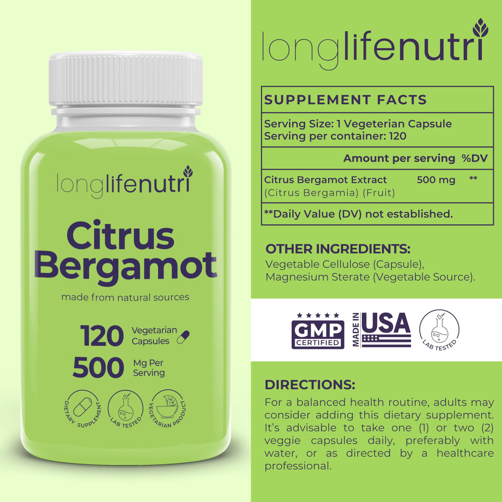 LongLifeNutri Citrus Bergamot Extract 500mg - 120 Vegetarian Capsules, 40% Polyphenolic Flavanones, 4-Month Supply, Plant-Based Anti-Oxidant, Tested, Made in USA