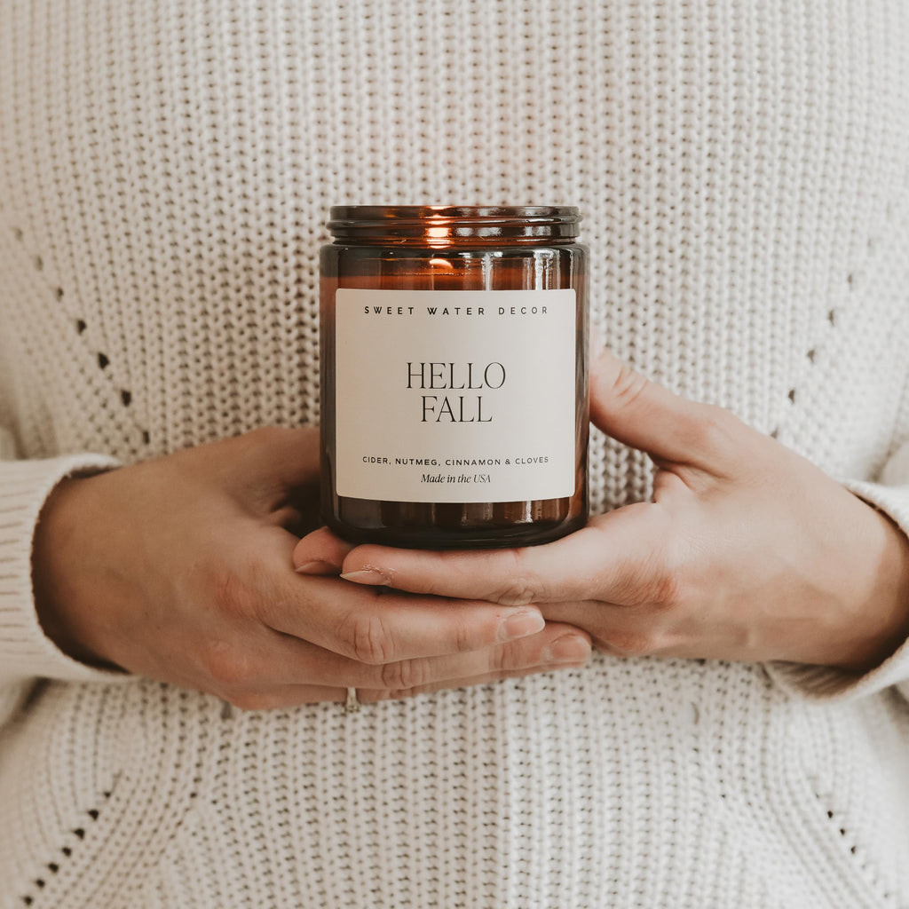 Sweet Water Decor Hello Fall Candle, 9oz Amber Jar, Autumn Scents for Home
