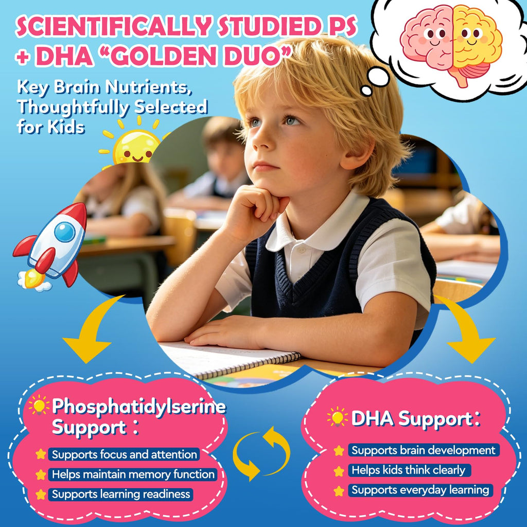 Kids Focus and Attention Supplements with Phosphatidylserine, Omega-3, Magnesium Glycinate, L-Theanine, Folate, Brain Vitamins Liquid Drops for Kids Memory, Cognitive, Sleep & Mood,Strawberry,2 Fl Oz