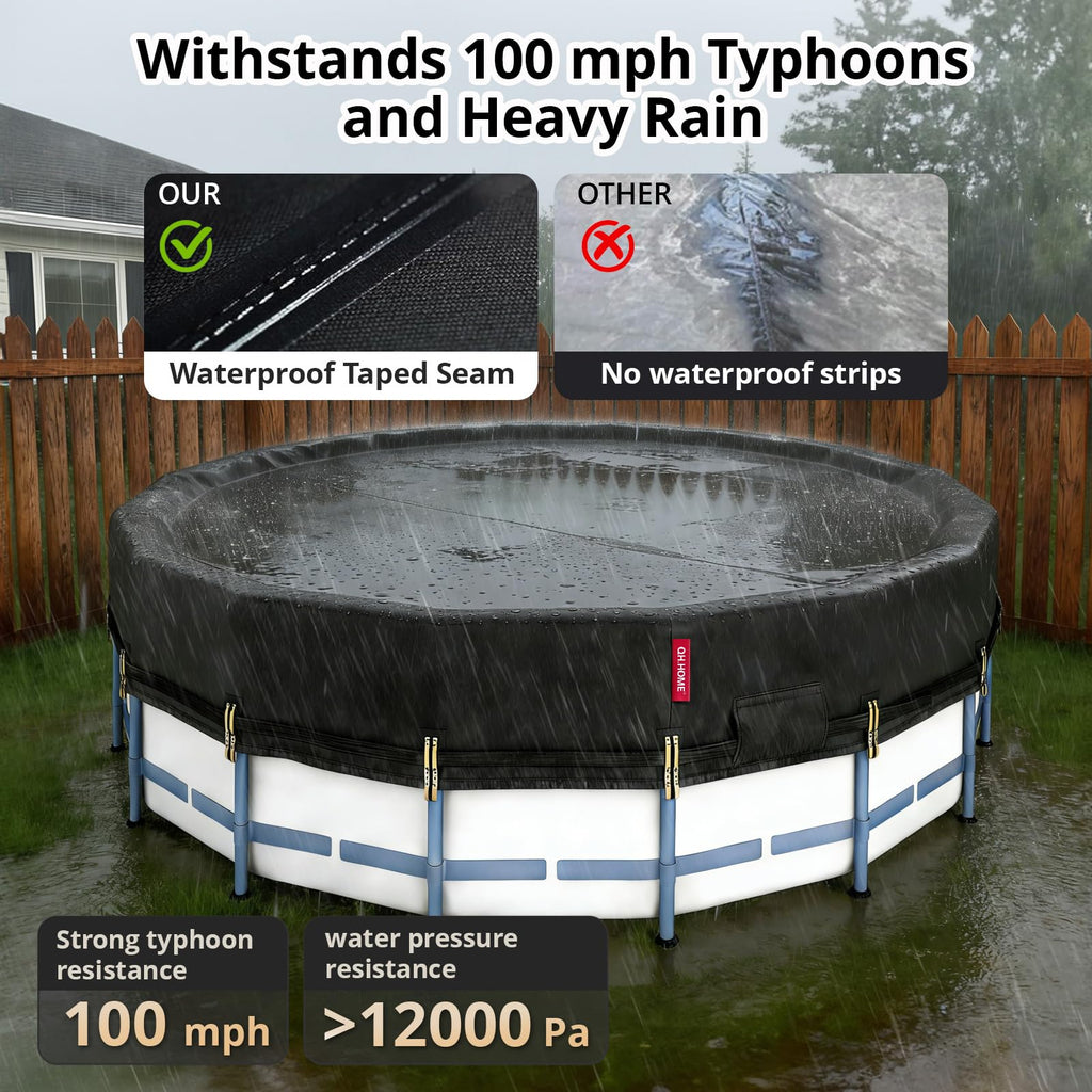 QH.HOME 12Ft Round Pool Cover,Super Windproof Ratchet Straps (1,500lb Break Strength)-Effective Installation/Removal,Pool Cover for Above Ground Pools,Snug Fit,Blocks Leaves, Sun & Water
