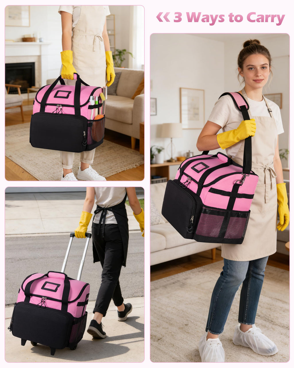 Marscamd Large Rolling Cleaning Caddy Bag with Detachable Trolley, Pink