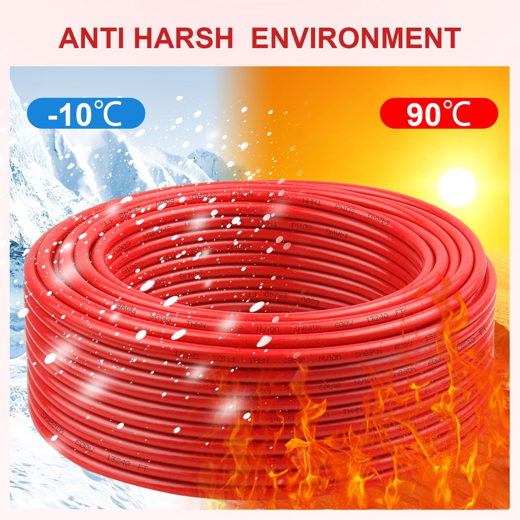 THHN Wire 14 Gauge 25 FT, 14 AWG Solid OFC Copper Electrical Building Wire with Nylon Jacket PVC Insulation, Rated 600V for Residential, Industrial, CNC, Ground (14 Gauge, Red)
