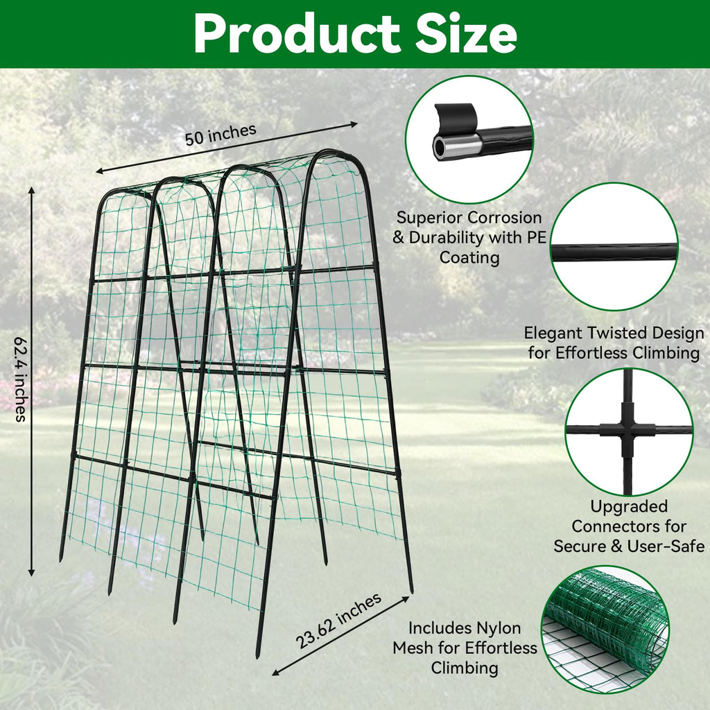 Trellume Cucumber Trellis - 62.4"*50" Cucumber Trellis for Raised Bed with Plastic-Coated Steel Pipe, U-Shape Garden Trellis for Climbing Plants, Garden Trellis for Cucumbers, Beans(Black)