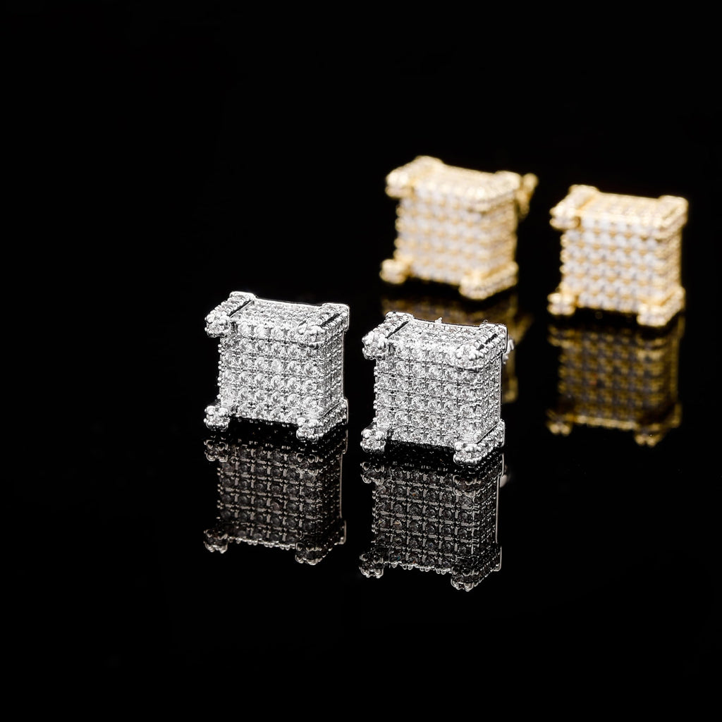 TOPGRILLZ 925 Sterling Silver Square Screw Stud Earrings 14K Gold Plated 5A+ Cubic Zirconia Iced Out Square Screw Back Hypoallergenic Cube Large Stud Earrings For Men Women(03Silver)