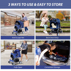 Unisakey 4 Wheels Pet Stroller for Small Medium Dogs Cats 10-33 lbs, Foldable Dog and Cat Stroller with Cup Holder & Storage Basket & Breathable Mesh, Pet Strolling Cart for All-Season, Navy Blue