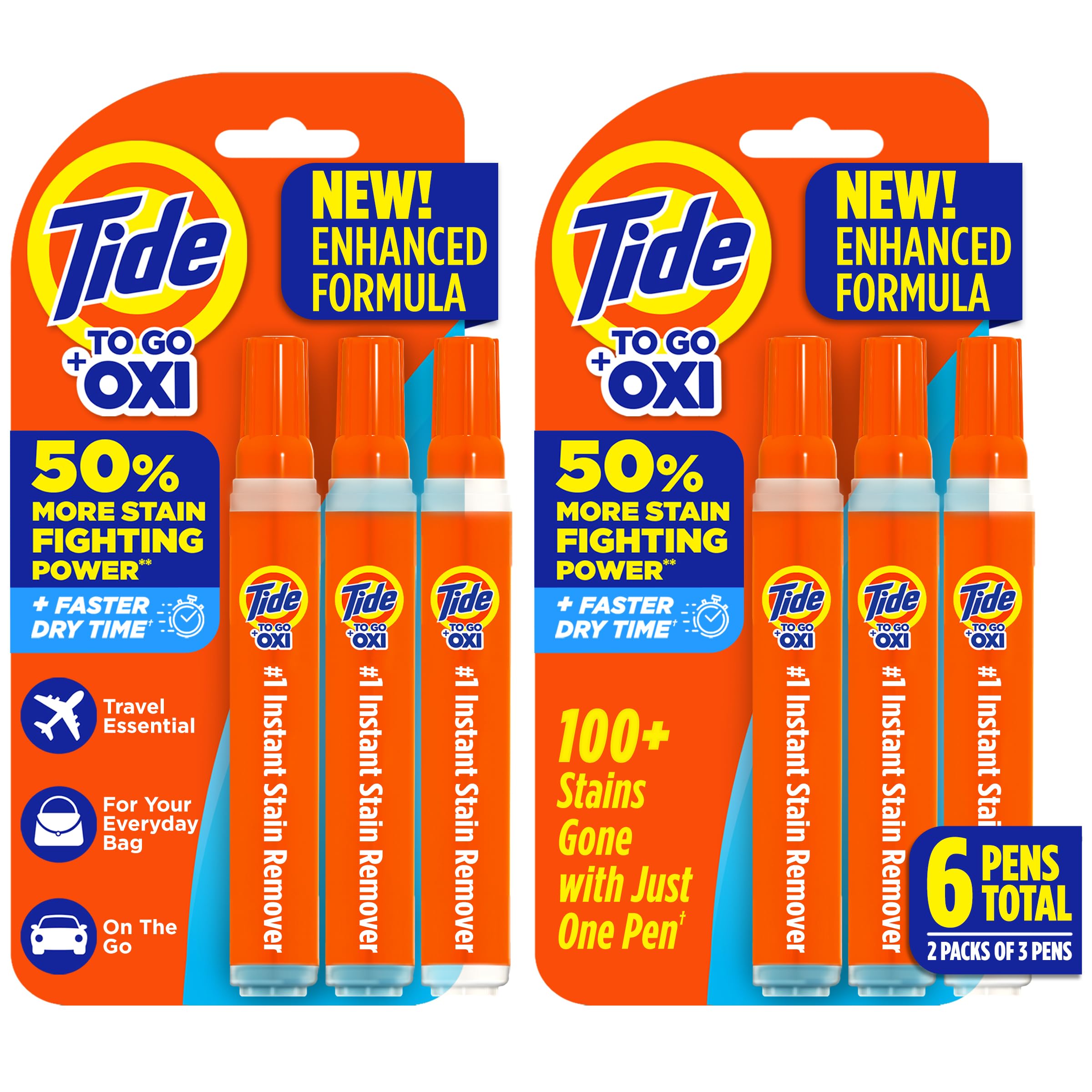 Tide Pen Stain Remover for Clothes, To Go Pen, Instant Stain Remover Pen & Spot Cleaner, Portable & Travel-Friendly, Works on Food & Drink Stains, Fits in Purses & Bags, 3 Count (Pack of 2)