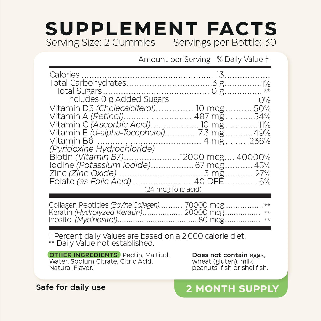Biotin for Hair Growth Women/Men 12000mcg, Skin & Nails Support Gummies + 70000mcg Collagen Peptides (Collagen Powder in Gummy Form) + 20000mcg Keratin + Retinol, Sugar Free, 120 Gummies (2 Pack)