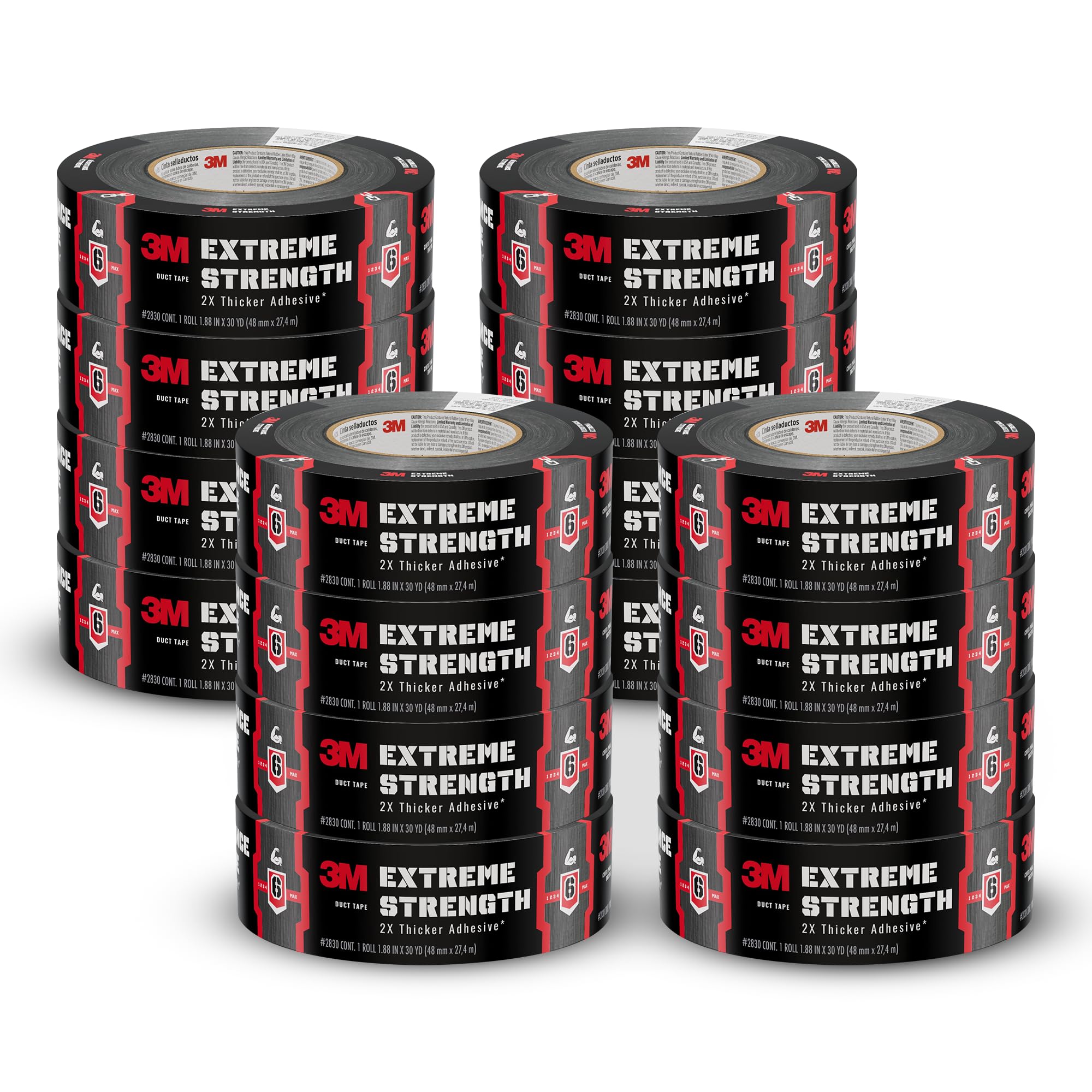 3M Extreme Strength Duct Tape 2830, 1.88 in x 30 yd, Double-Thick Adhesive, Heavy-Duty Waterproof Black Tape, Indoor/Outdoor Use, 12 Rolls