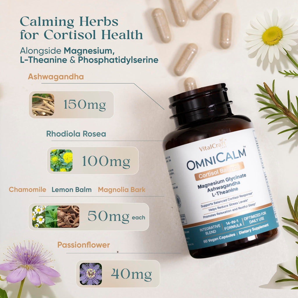 VITALCRAFT LABS OmniCalm Cortisol Supplements for Women & Men | Stress Relief & Sleep Support with Magnesium & Ashwagandha, L Theanine | 14-in-1 Cortisol Reducer, Manager, Detox – USA