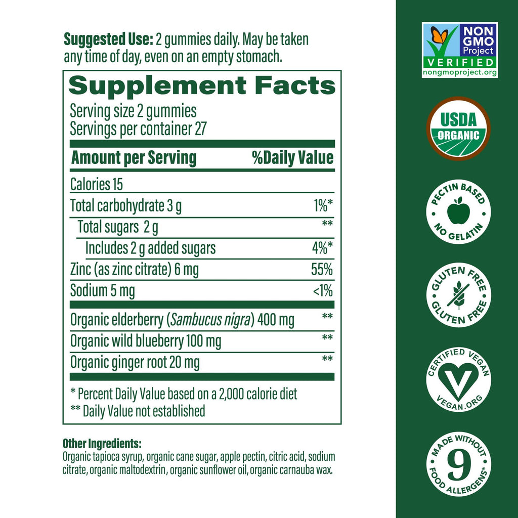 MegaFood Elderberry Immune Support Supplement - Vegan Elderberry Gummies for Adults - Made with Zinc and Real Food - Pectin-Based, Gluten-Free, USDA Organic - 54 Gummies, 27 Servings (Pack of 2)