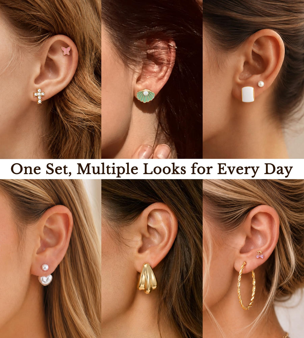 81 Pairs Gold Stud Earrings Set for Women Multipack, Trendy Pearl Cubic Zirconia Butterfly Heart Stud Hoops Earrings Packs, Gold Hoops Earrings for Jewelry Gifts