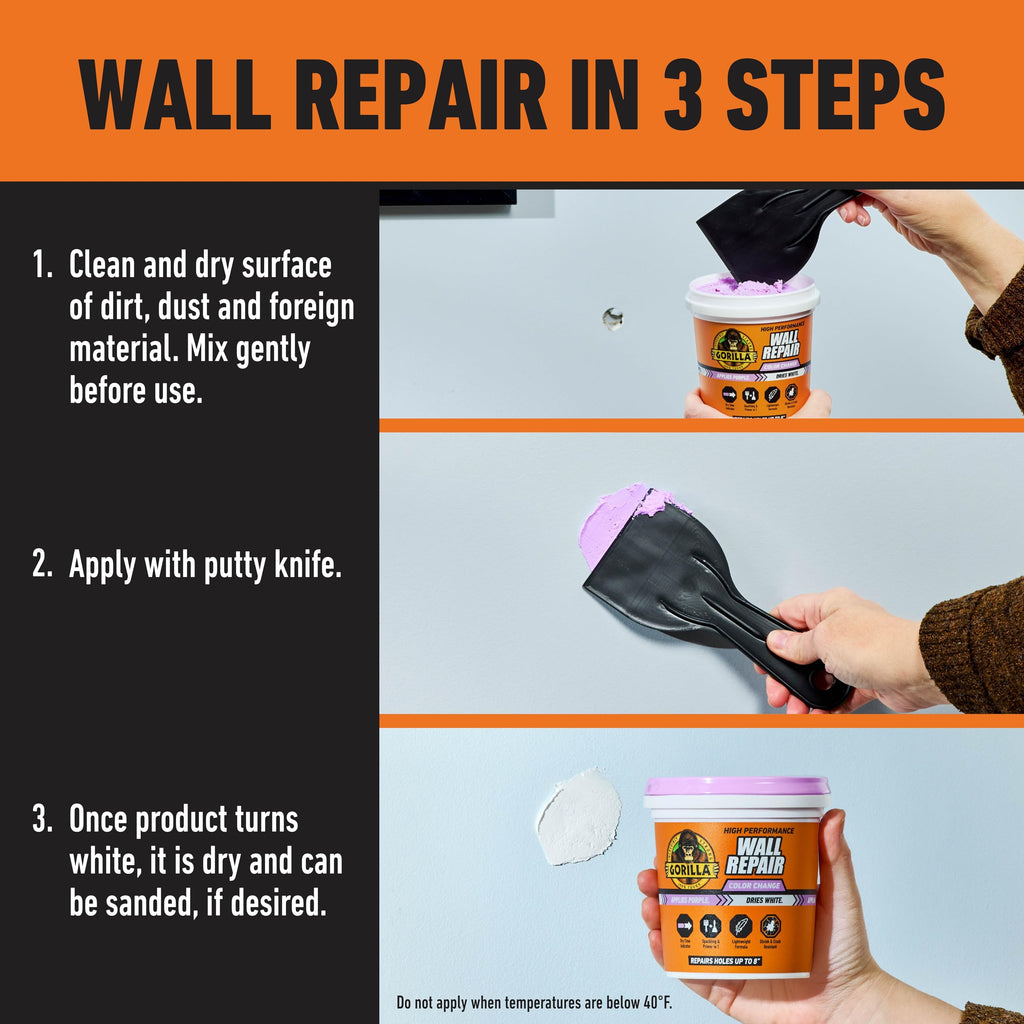 Gorilla High Performance Wall Repair Color Change, 16 Ounce Tub, Applies Purple, Dries White – Spackling & Primer in One, Shrink & Crack Resistant
