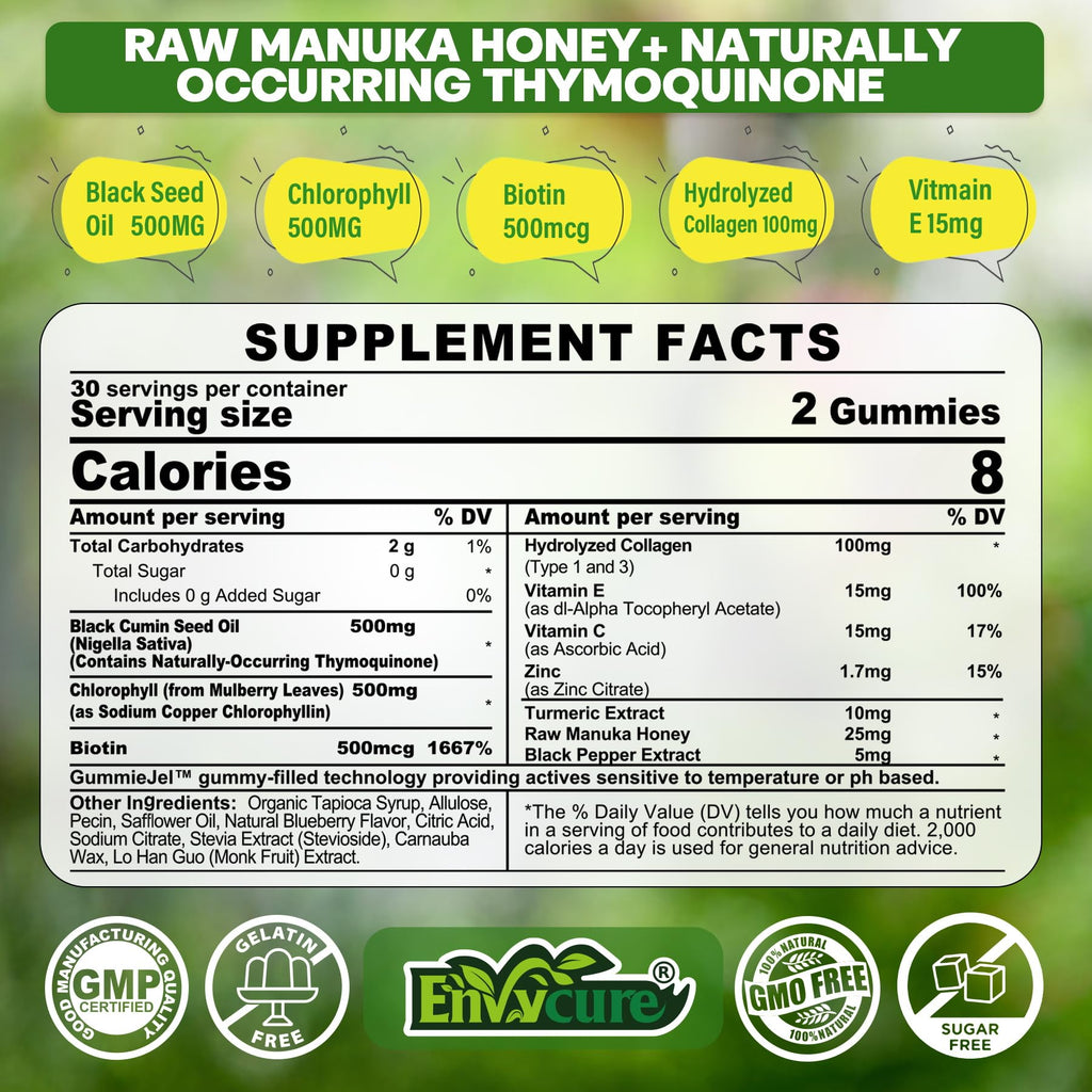 Black Seed Oil Gummies & Chlorophyll, Biotin 500mcg with Hydrolyzed Collagen, Raw Manuka Honey, Organic Cold Pressed - Ultimate Absorption for Skin, Hair & Nails, Digestive, Overall Health, 1 Pack