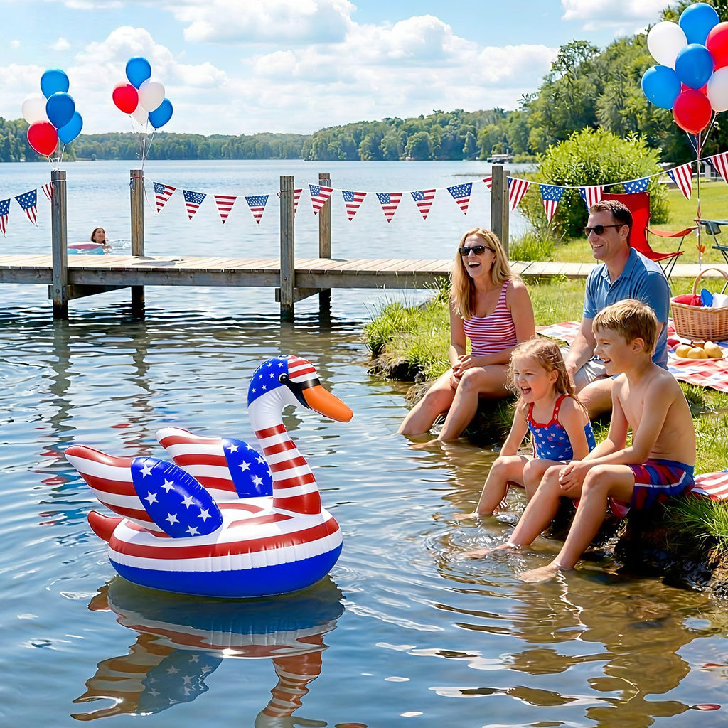 Arrowbash 2 Pack 4th of July Inflatable Swan Floating Pool Lights 19 x 16 Inch Led Patriotic Inflatable Floating Pool Lights Red White and Blue Glow in The Dark Pond Decoration for Memorial Day Party