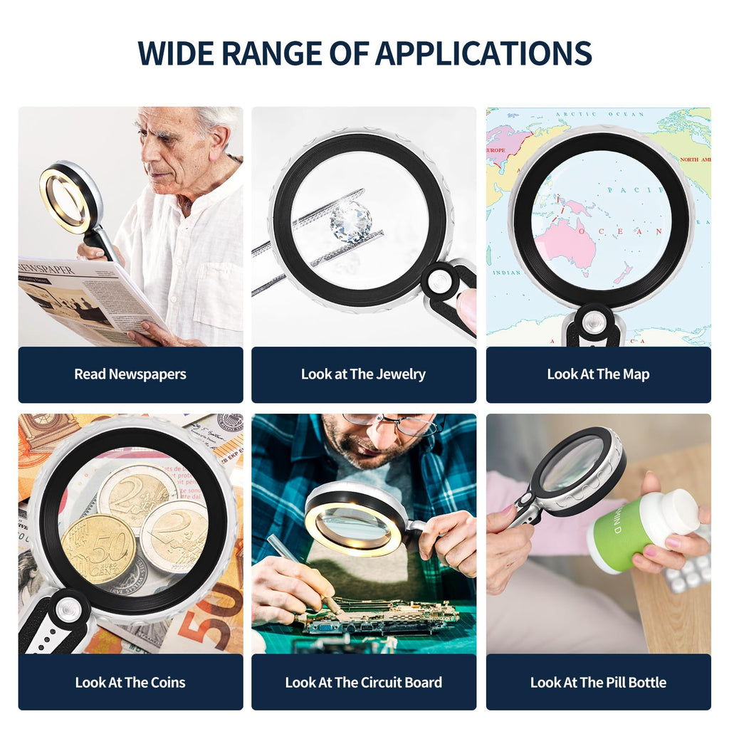 HUIBOER 45X Magnifying Glass with Light, 4.6 Inch 1200mAh USB Rechargeable Large Handheld Magnifier, 6 Color Modes, Perfect for Low Vision Seniors, Macular Degeneration & Fine Print (Black)