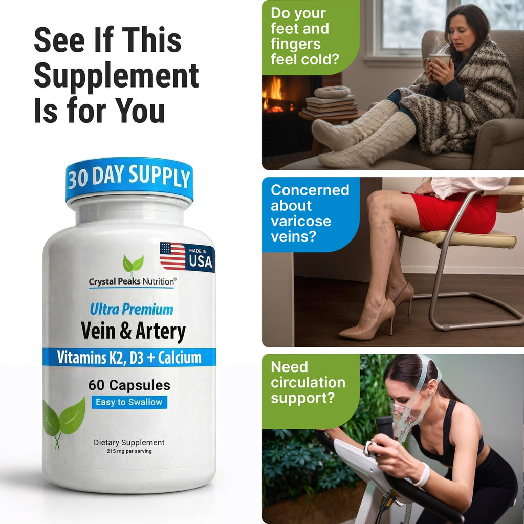 CRYSTAL PEAKS NUTRITION Vein & Artery Supplement - Blood Flow Supplement with Calcium - Blood Circulation Support for Men, Women - Circulation and Vein Support - 60 ct