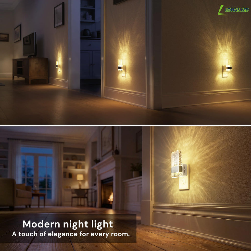 L LOHAS LED Night Light, Dimmable Night Lights Plug into Wall, 2 Pack Acrylic Silver Nightlight with Light Sensor, 0-100LM Automatic Plug in Nightlight for Bathroom, Hallway, Stairway, Gift