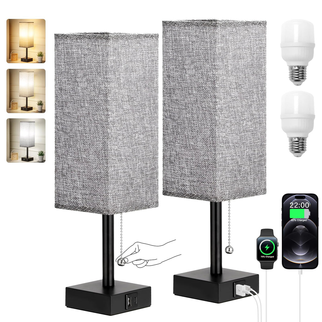 aooshine Bedside Table Lamps Set of 2 - Gray Bedroom Lamps with 3 Color Temperatures (3000K/5000K/4000K), Square Nightstand Light with USB C + A Charging Ports, Pull Chain Small Night Light