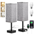 aooshine Bedside Table Lamps Set of 2 - Gray Bedroom Lamps with 3 Color Temperatures (3000K/5000K/4000K), Square Nightstand Light with USB C + A Charging Ports, Pull Chain Small Night Light