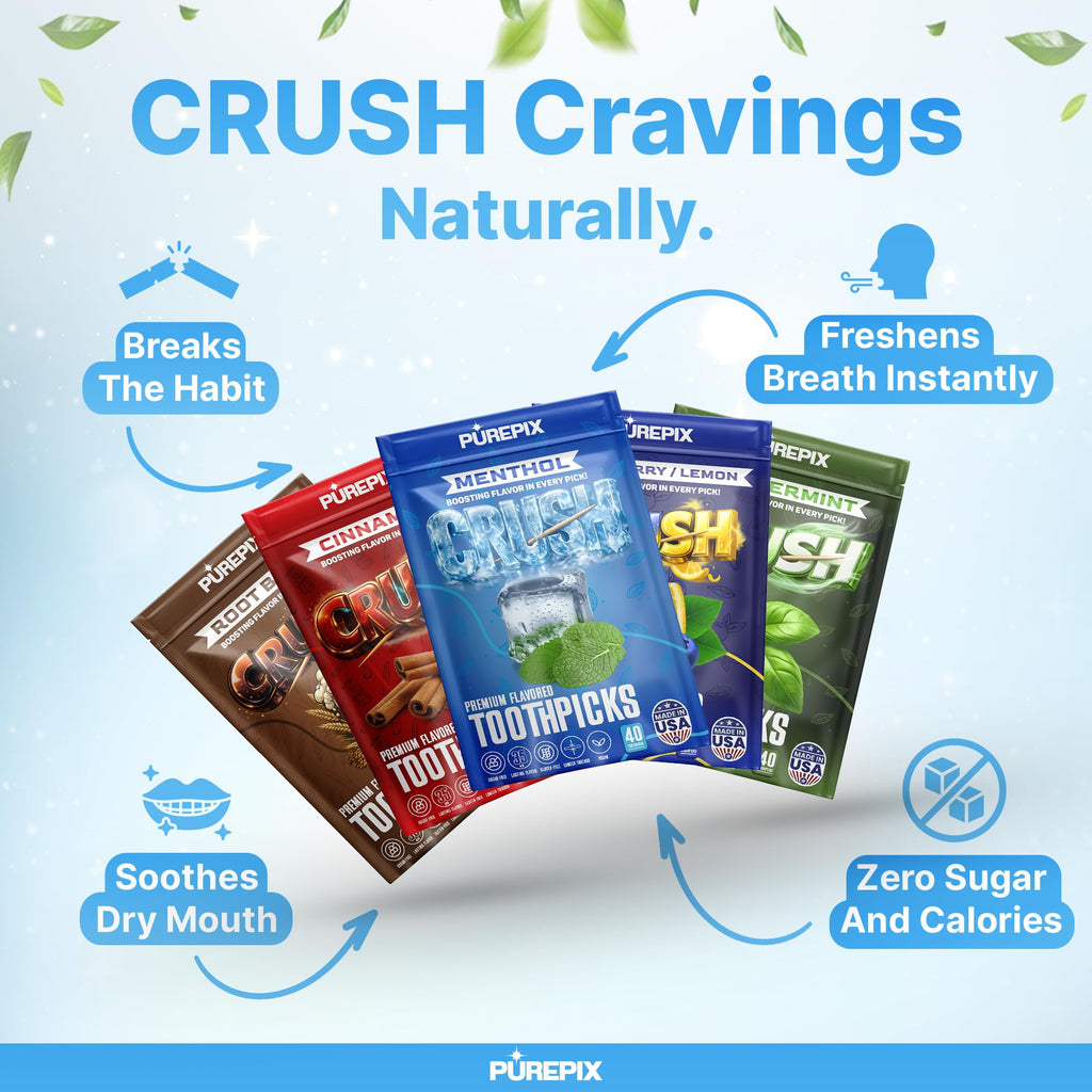 PurePix Flavored Toothpicks Variety Pack, Thick Durable Quit Smoking Support, Infused with Long-Lasting Flavor to Help Fight Cravings, 40 Count per Pouch, Vegan & Gluten-Free, Made in USA, (Pack of 5)