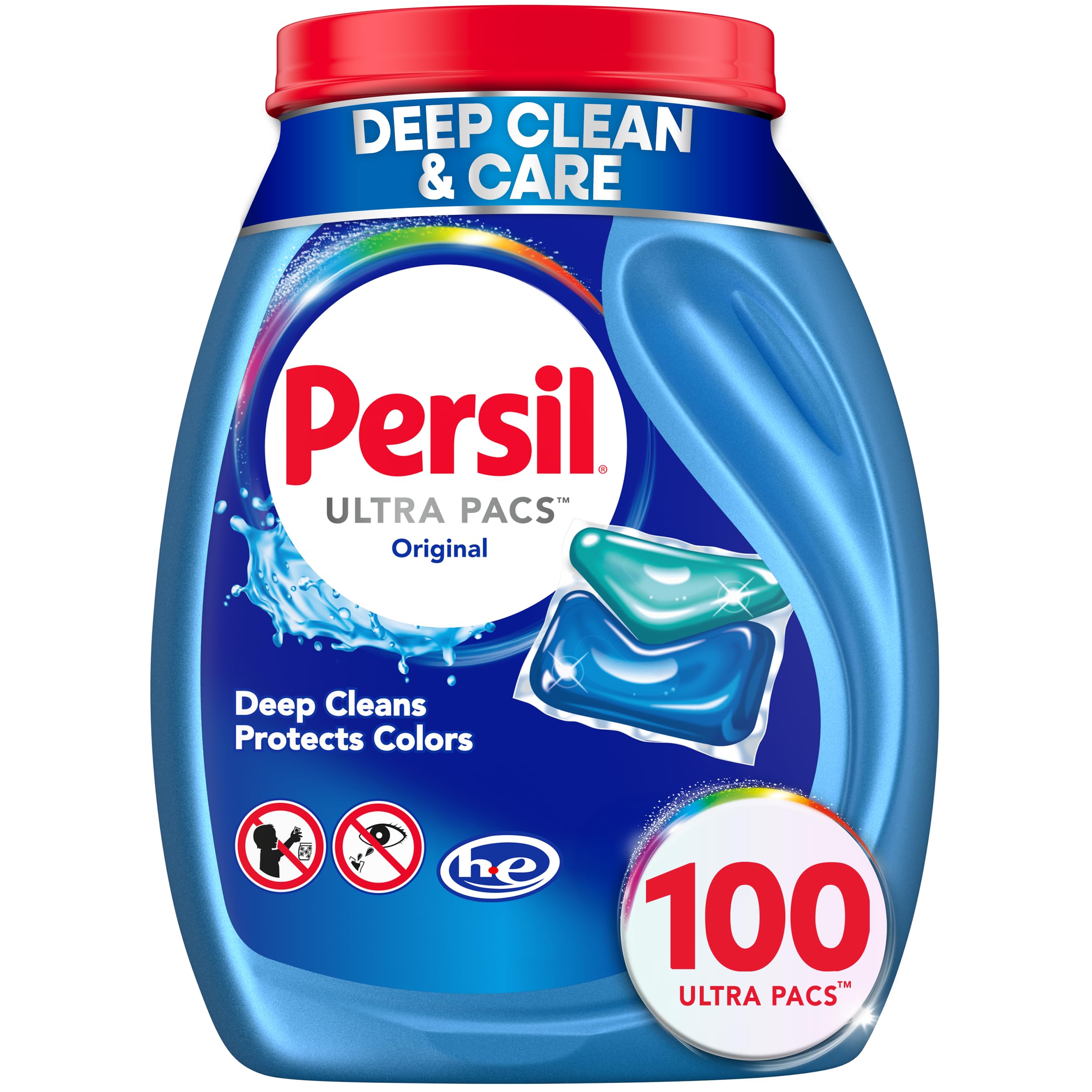 Persil Ultra Pacs Original Everyday Clean Laundry Detergent, 100 Count, No Mess, Single-Dose Laundry Soap, Deep Clean Fabric Care for Colors & Whites, All Water Temperatures, HE Safe