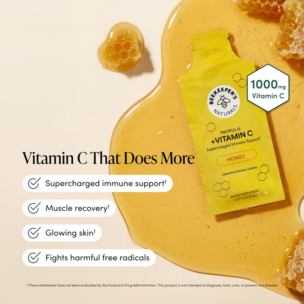 Propolis Liposomal Vitamin C by Beekeeper's Naturals, 1000mg Vitamin C, Propolis & Organic Honey, Supercharged Immune Support & Increased Bioavailibity for Max Absorption, 30 Ct