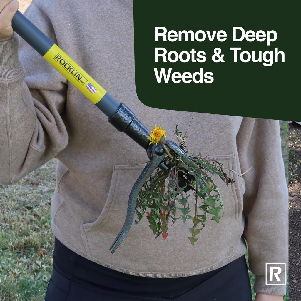 Rocklin Stand Up Weed Puller Tool Long Handle 48” | No Bending or Kneeling | 4-Claw Steel Head, Heavy Duty Dandelion Root Extractor & Weed Remover for Lawn