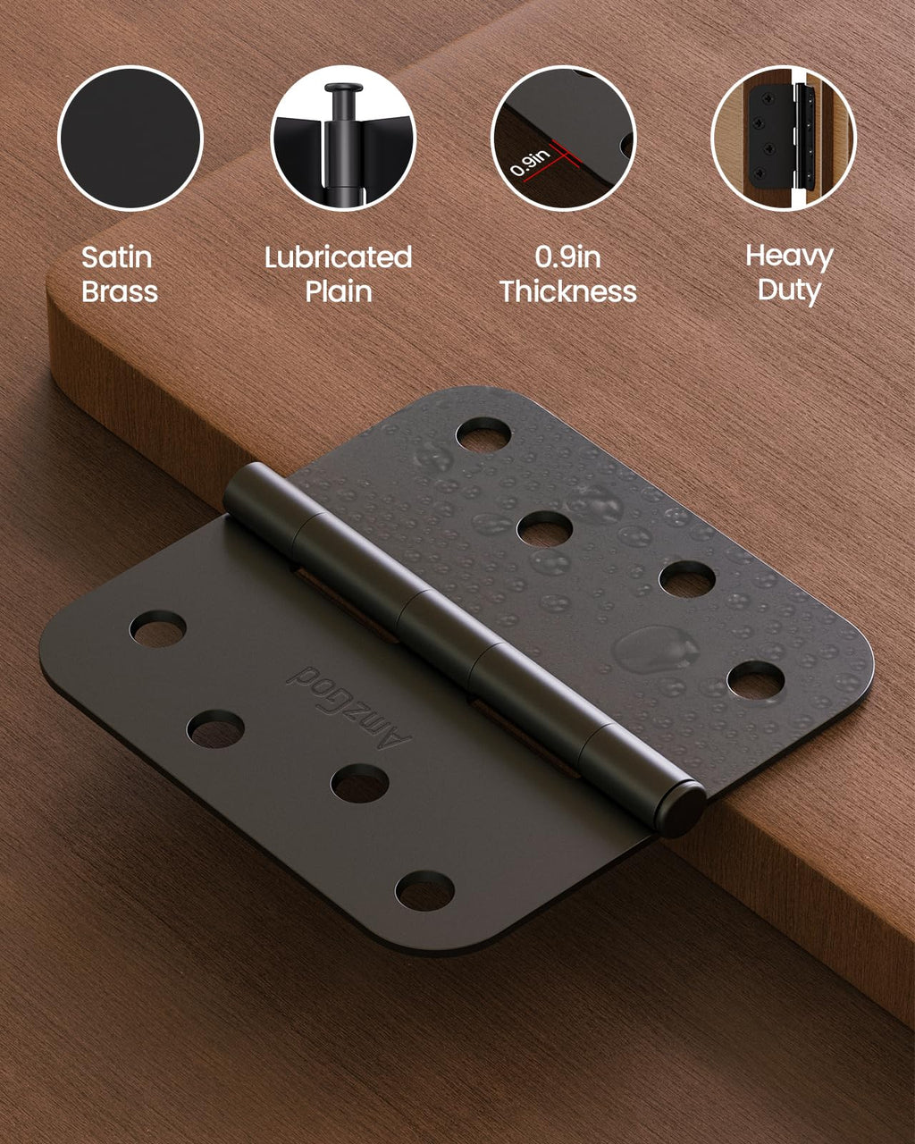 4" X 4" Black Door Hinges – 6 Pack Matte Black Door Hinges with 5/8" Radius, Rounded Interior Heavy Duty 4 Inch Black Hinge for Front and Exterior Doors