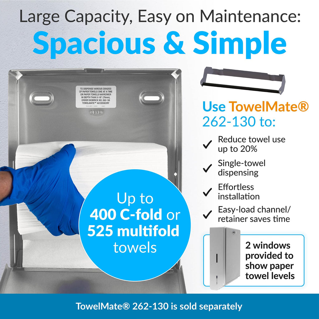 Bobrick B-2620 Surface Mounted Paper Towel Dispenser - Stainless Steel Commercial Bathroom Towel Dispenser with Knob-Latch 400 C-Fold or 525 Multifold Capacity