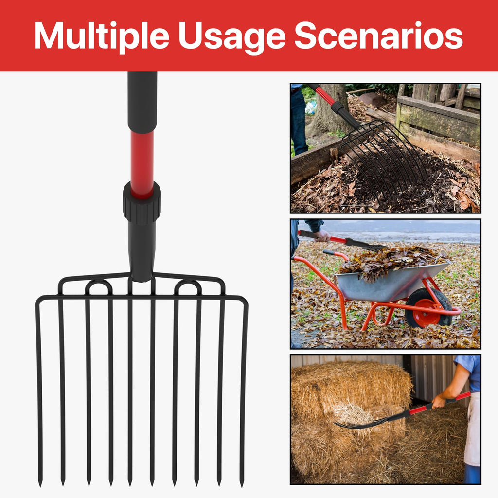 COSITA Pitch Fork for Garden, Wide Pitchfork with 10 Metal Tines, Heavy Duty Garden Fork with Fiberglass Handle 44-Inches, Chicken Coop Pitchforks for Manure, Mulching, Composting, Red