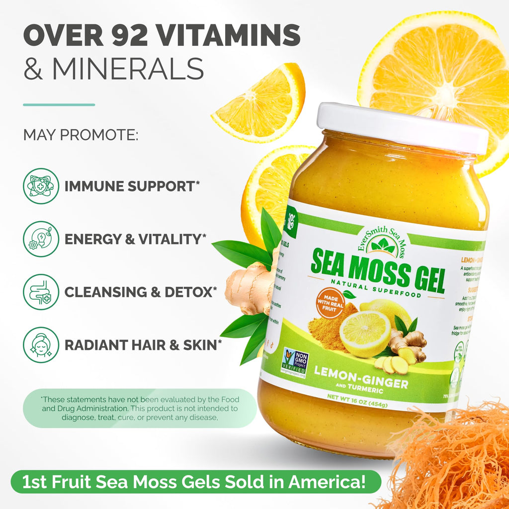 EverSmith Organics - Wildcrafted Irish Sea Moss Gel | Made in USA | Rich in Vitamins & Minerals | Sea Moss Gel Raw | Nutritional Supplement | Lemon Ginger (16 oz)