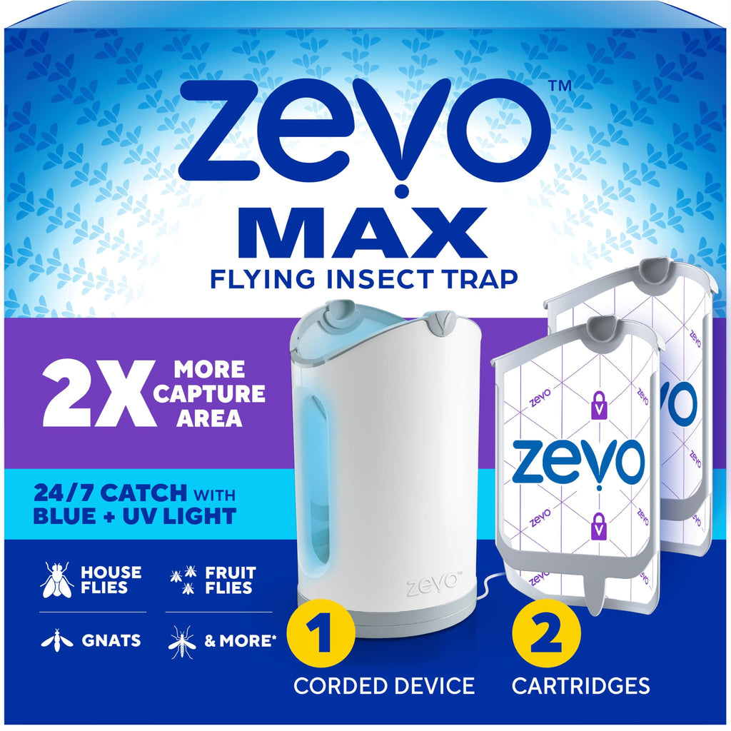 Zevo MAX Bug Catcher & Fly Trap for Indoors - Flying Insect Trap for Gnats, House & Fruit Flies - Use in Any Room - No-Mess Disposal (1 Plug in Base & 2 Cartridges)