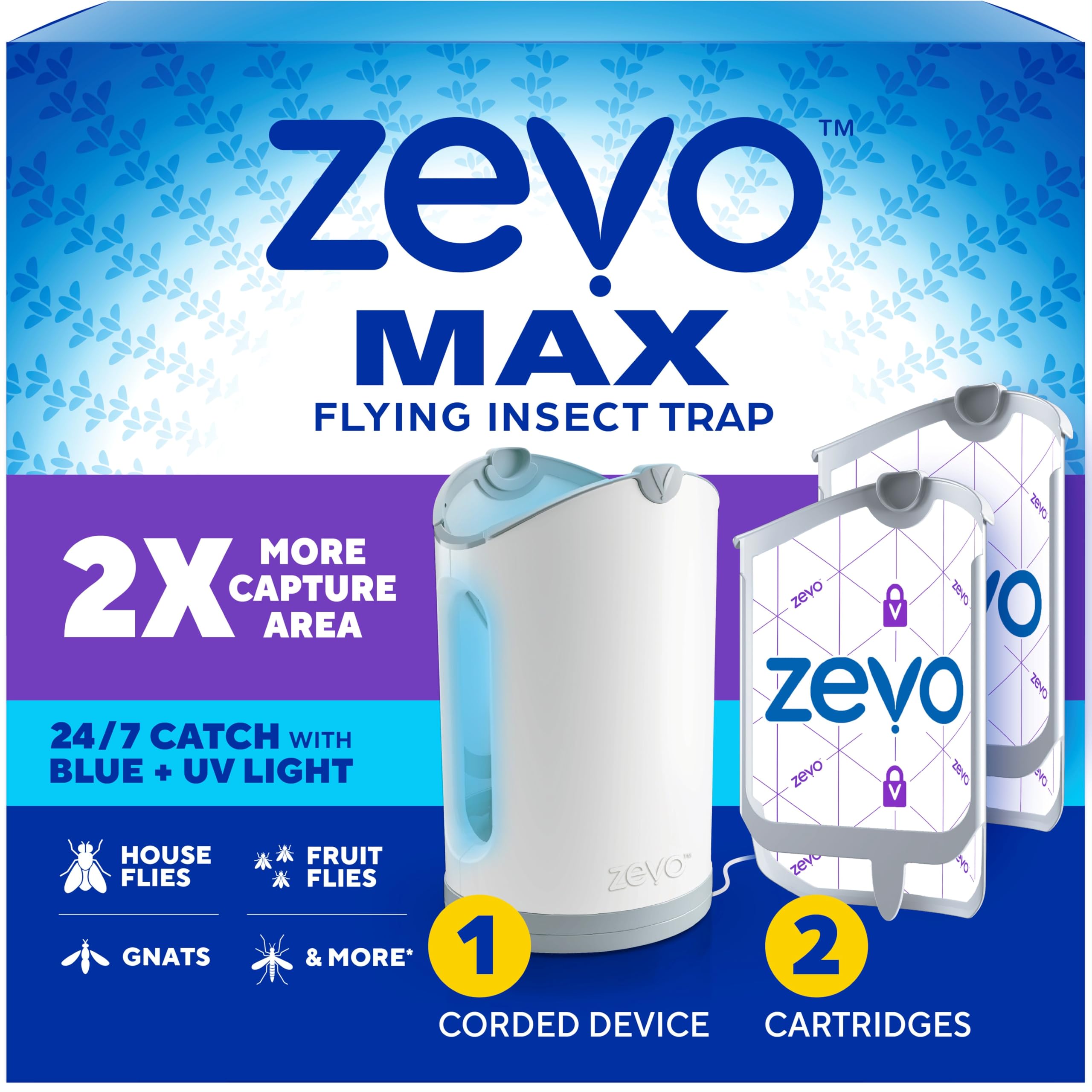 Zevo MAX Bug Catcher & Fly Trap for Indoors - Flying Insect Trap for Gnats, House & Fruit Flies - Use in Any Room - No-Mess Disposal (1 Plug in Base & 2 Cartridges)