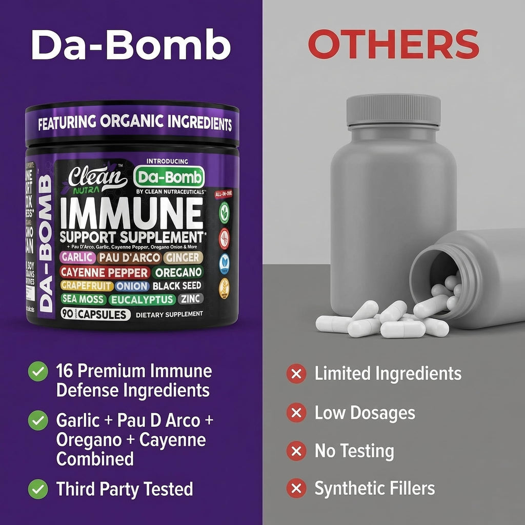Organic Immune Support with PAU D'Arco Garlic Cayenne Pepper Oregano Ginger Grapefruit Onion Black Seed Sea Moss Black Pepper Zinc Eucalyptus Vitamin C Vitamin D Organic Soursop By Clean Nutra